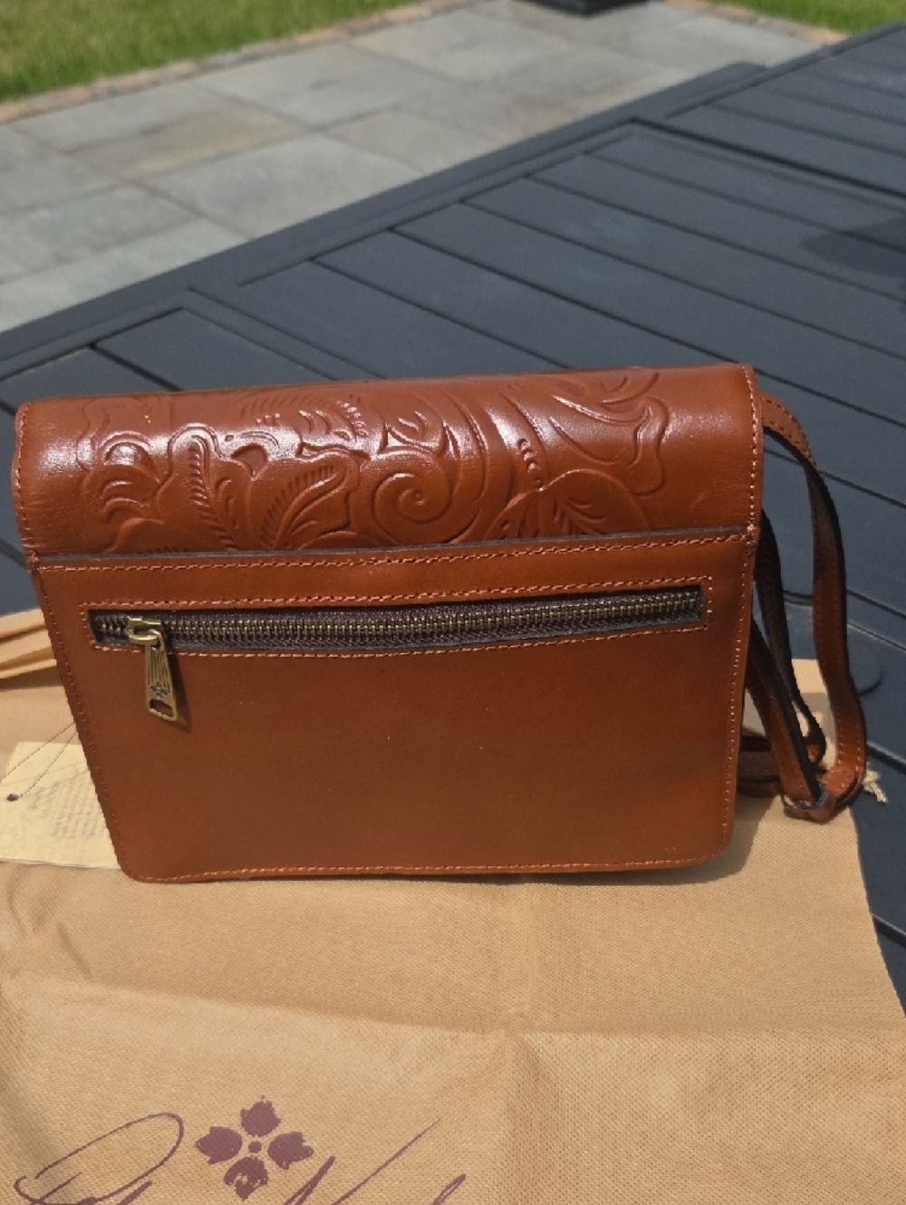 Patricia Nash Embossed Floral Leather Crossbody - Cognac - Picture 4 of 7